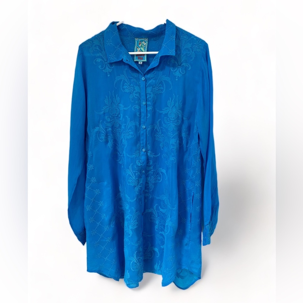 Johnny Was Blue Embroidered Button Down